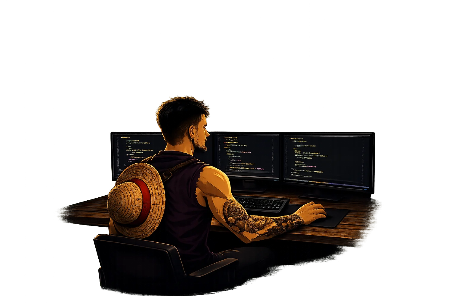 Ilustração: programador num camarote de navio pirata, a programar frente ao mar